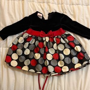 Infant Girls Black Velvet Red Polka Dot Holiday Dress with Bow